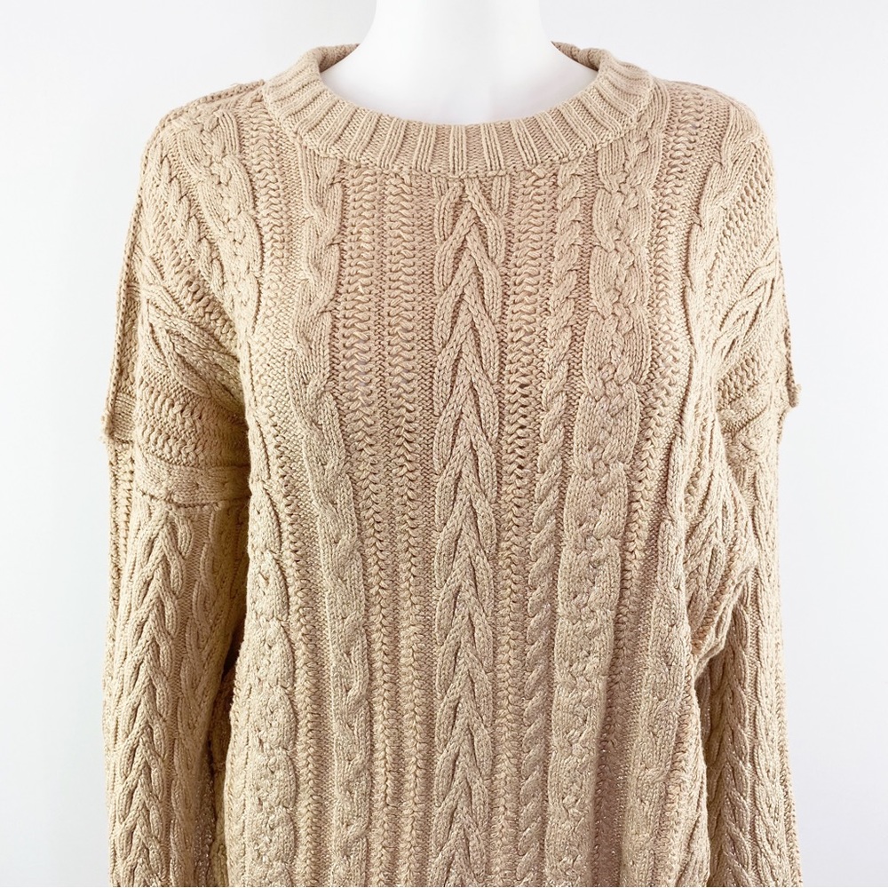 Free People Size M Beige Gold Coated Cable-knit Tunic Length Sweater - Picture 3 of 8